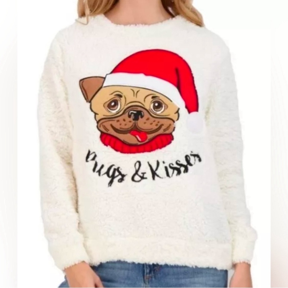 Cozy White Pugs and Kisses Ugly Christmas  Sweater